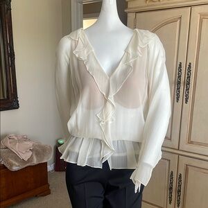 Haute Hippie Cream Sheer Silk Chiffon Deep V-Neck Ruffled Peplum Blouse M NWT